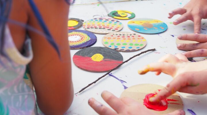 Children painting aboriginal artwork with their fingers